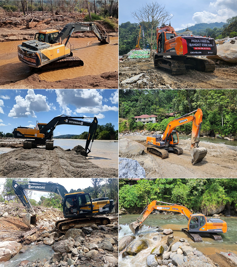 Hyundai and DEVELON construction equipment from HD Construction Equipment supporting recovery efforts in the flood-damaged areas of Sumatra, Indonesia.