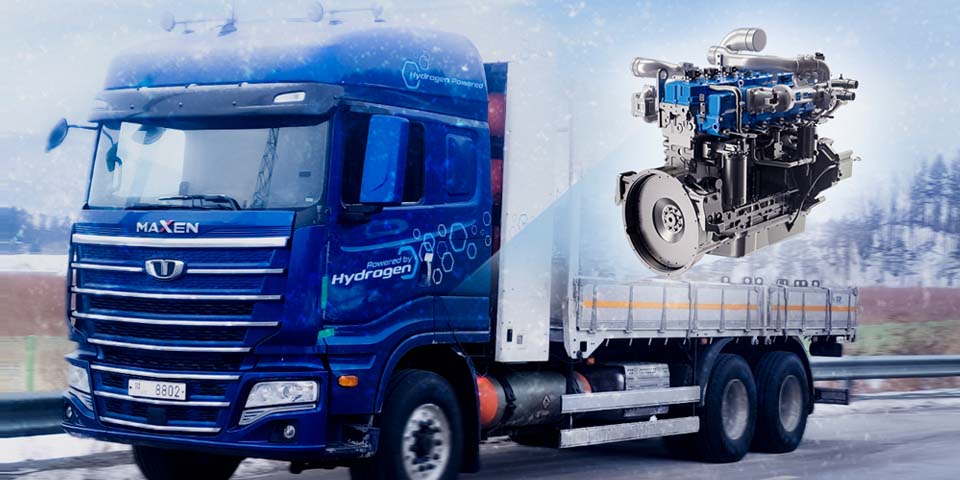 Large truck equipped with HD Hyundai Infracore's hydrogen engine (HX12)